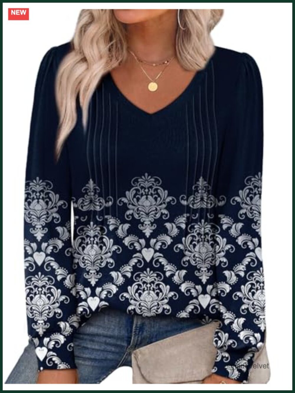 Women's V-Neck Pleated Tunic Blouse Long Sleeve Floral Print Top